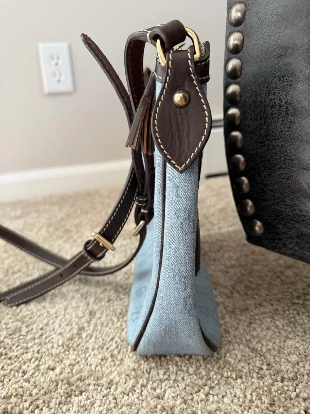 Dooney & Bourke Blue Denim Monogram Crossbody Bag Brown Leather Tassels